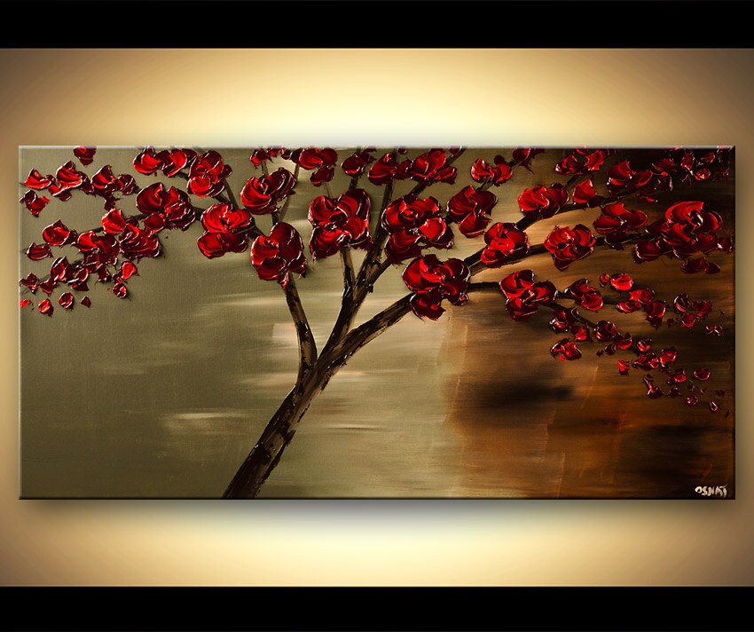 48 Abstract Contemporary Red Blooming Tree Painting Etsy