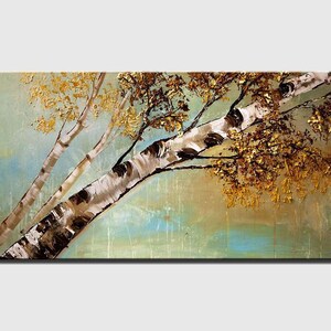 May include: Abstract painting of a birch tree with gold and brown leaves against a blue and green background.