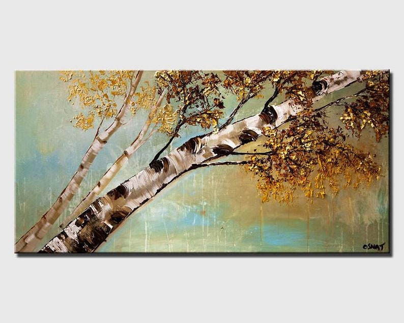 May include: Abstract painting of a birch tree with gold and brown leaves against a blue and green background.