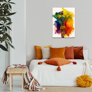 May include: Abstract painting with vibrant colors of yellow, orange, green, blue, and purple. The colors are blended together in a swirling pattern, creating a sense of movement and energy.