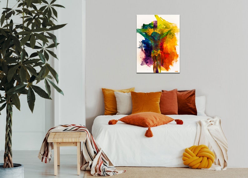 May include: Abstract painting with vibrant colors of yellow, orange, green, blue, and purple. The colors are blended together in a swirling pattern, creating a sense of movement and energy.
