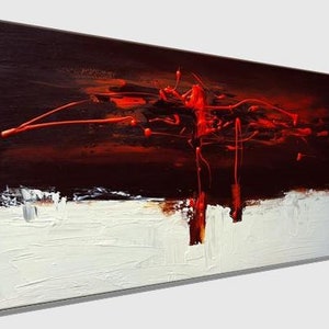 May include: Abstract painting with red and black paint splatters on a white background. The painting has a dark red and black background with a white horizontal line across the middle. The red paint splatters are in the shape of a tree or a branch.