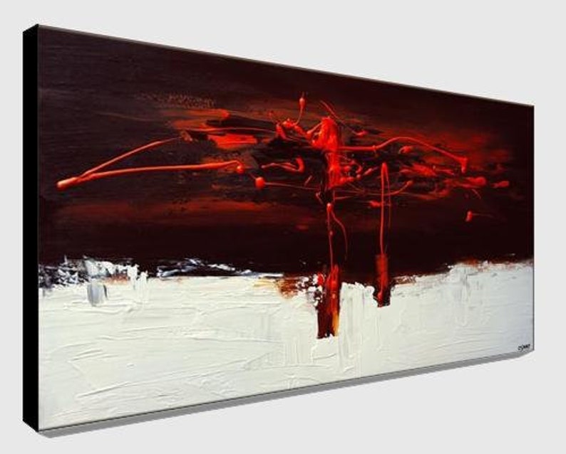 May include: Abstract painting with red and black paint splatters on a white background. The painting has a dark red and black background with a white horizontal line across the middle. The red paint splatters are in the shape of a tree or a branch.
