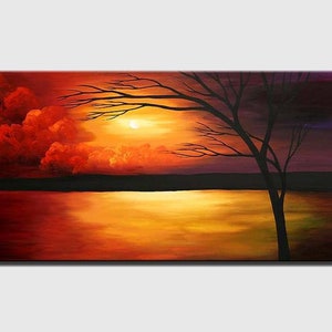 Original Sunset Acrylic Painting: Abstract Tree Landscape Art