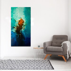 May include: Abstract painting with blue, green, and orange colors. The painting has a textured surface and a modern style.