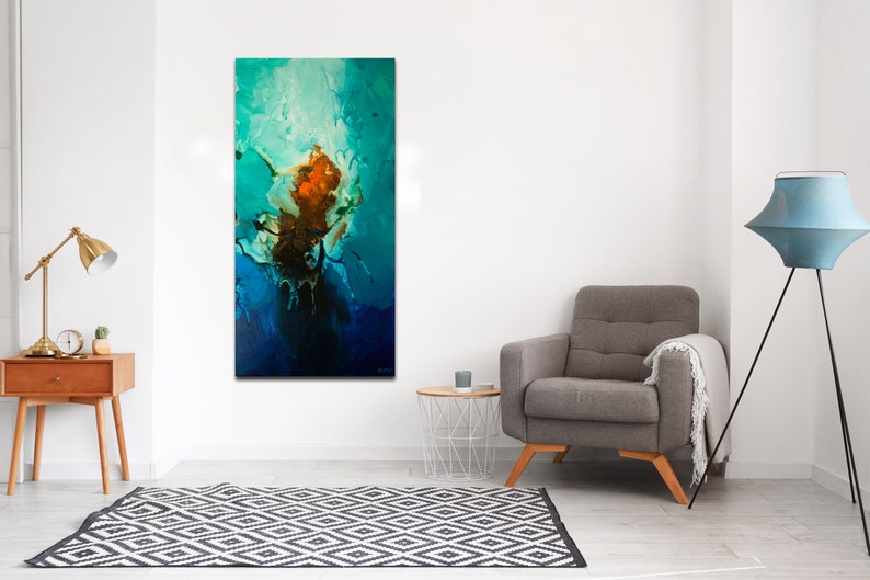 May include: Abstract painting with blue, green, and orange colors. The painting has a textured surface and a modern style.