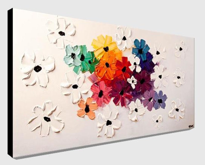 May include: A colorful abstract painting featuring a cluster of flowers in shades of red, orange, yellow, green, blue, and purple. The flowers are surrounded by white flowers with a textured, brushstroke effect.