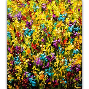 May include: A colorful abstract painting of a field of flowers in shades of yellow, blue, purple, and red. The flowers are painted with thick, textured strokes, giving the painting a three-dimensional effect.