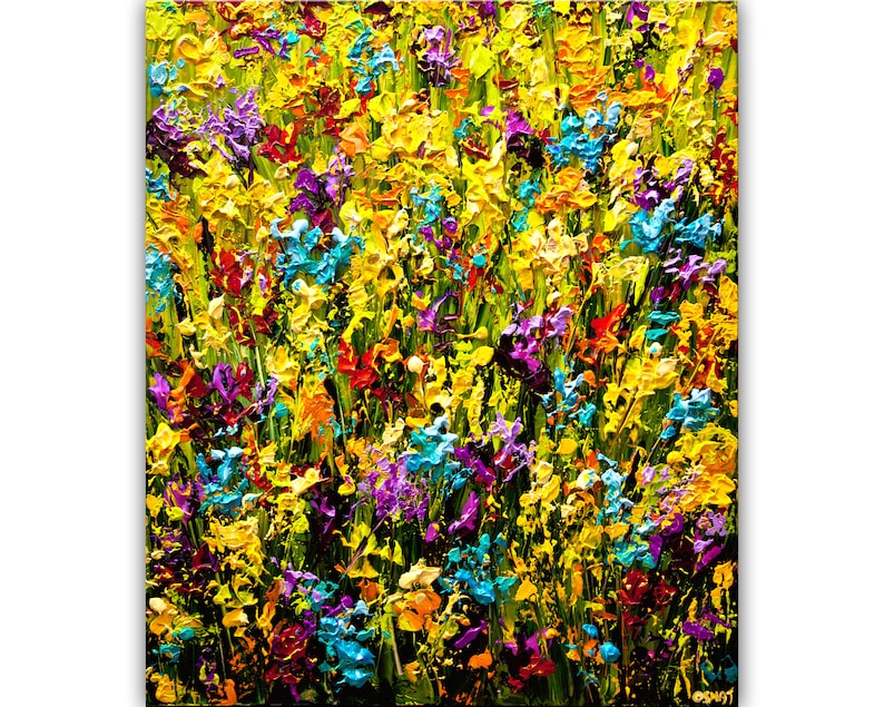May include: A colorful abstract painting of a field of flowers in shades of yellow, blue, purple, and red. The flowers are painted with thick, textured strokes, giving the painting a three-dimensional effect.
