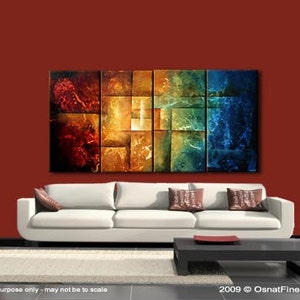 May include: Abstract painting with a geometric design in shades of red, orange, yellow, green, and blue. The painting is displayed on a wall above a white couch with brown throw pillows.