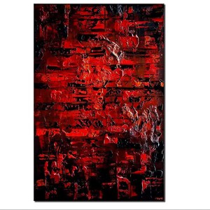 May include: Abstract painting with a textured surface. The painting is dominated by shades of red and black, creating a bold and dramatic effect.