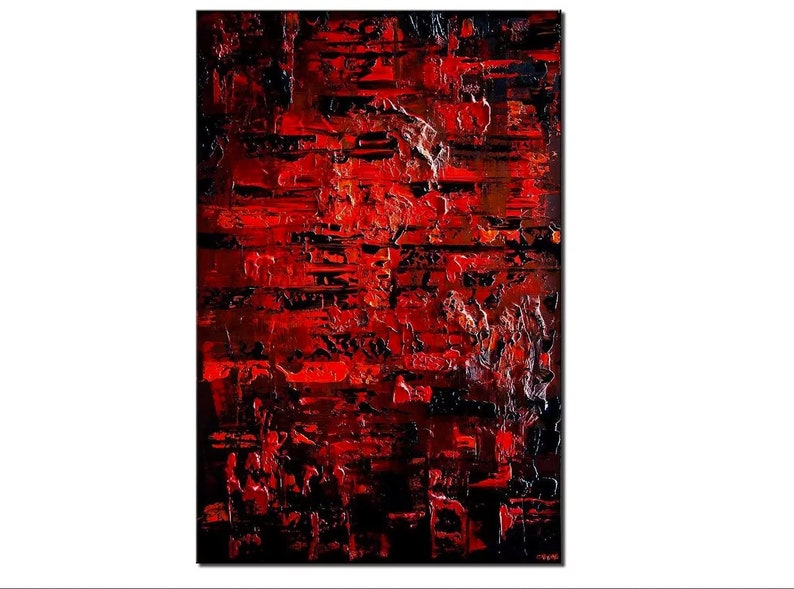 May include: Abstract painting with a textured surface. The painting is dominated by shades of red and black, creating a bold and dramatic effect.