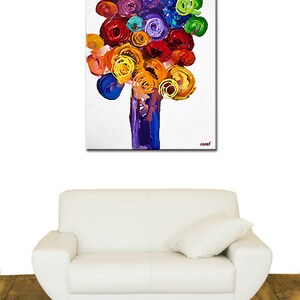 May include: Abstract painting of a colorful flower bouquet in a vase. The flowers are painted in shades of red, orange, yellow, green, blue, and purple. The vase is painted in a deep purple color. The background is white.