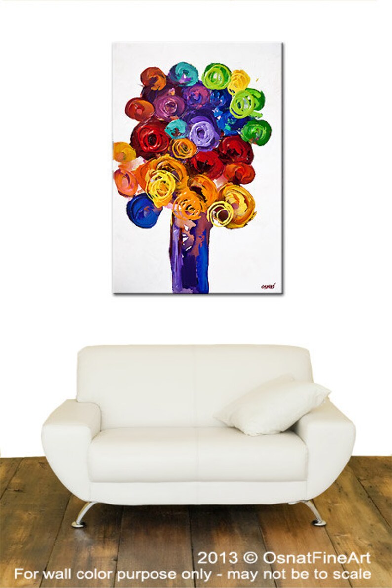 May include: Abstract painting of a colorful flower bouquet in a vase. The flowers are painted in shades of red, orange, yellow, green, blue, and purple. The vase is painted in a deep purple color. The background is white.
