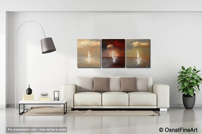 May include: A three-piece abstract painting set featuring a sailboat on a body of water with a cloudy sky. The middle panel features a red sunset sky, while the left and right panels feature a more muted sky.