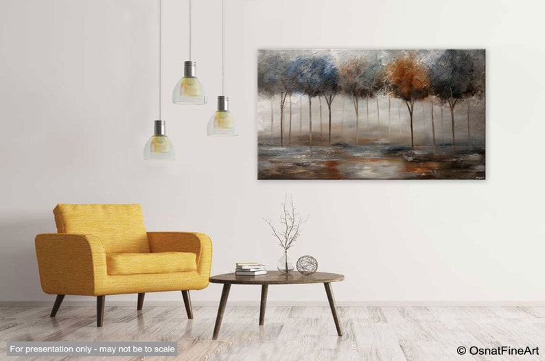 May include: A painting of a misty forest scene with a variety of trees in shades of blue, brown, and green. The trees are silhouetted against a light gray background, and the ground is covered in a layer of fog.