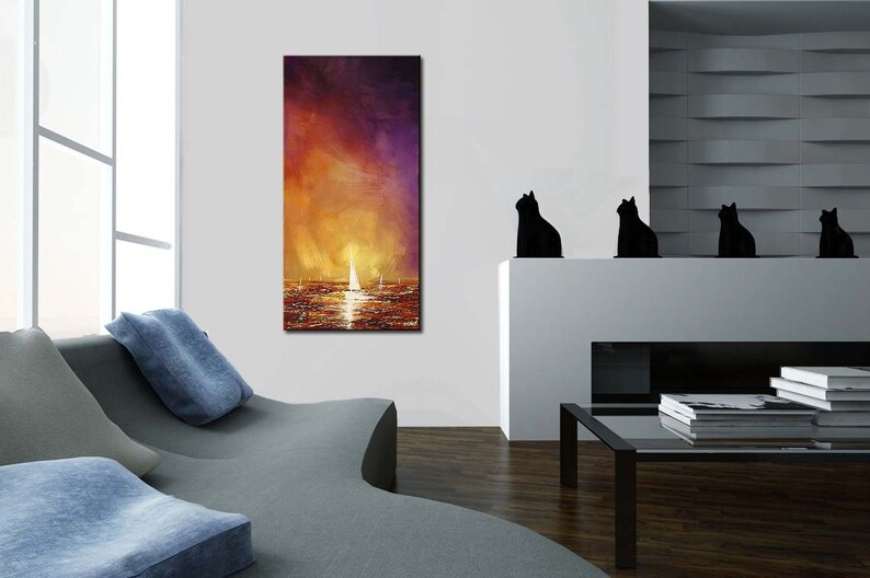 May include: Abstract painting of a sunset over the ocean with sailboats in the distance. The painting is in shades of orange, yellow, purple, and blue.