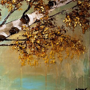 May include: Abstract painting of a birch tree with golden leaves against a green and brown background. The painting has a textured, impasto style.