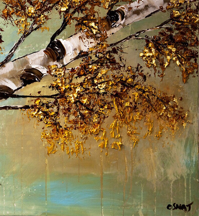 May include: Abstract painting of a birch tree with golden leaves against a green and brown background. The painting has a textured, impasto style.