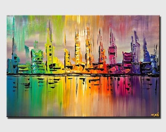 original city art on canvas textured colorful abstract city painting, 3d art modern living room wall art CUSTOM ART