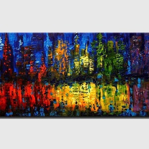 May include: Abstract painting of a city skyline with a reflection in water. The painting is done in shades of blue, green, yellow, red, and purple.