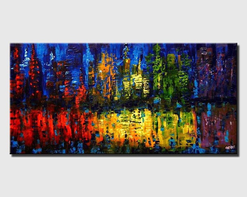 May include: Abstract painting of a city skyline with a reflection in water. The painting is done in shades of blue, green, yellow, red, and purple.