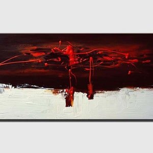 May include: Abstract painting with a dark brown background and red paint splatters. The bottom half of the painting is white with a textured surface.