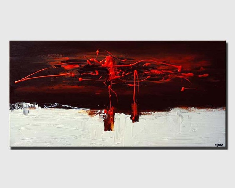 May include: Abstract painting with a dark brown background and red paint splatters. The bottom half of the painting is white with a textured surface.