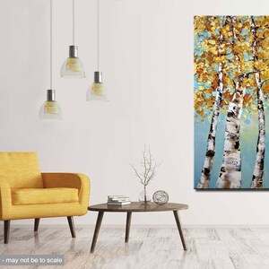 May include: Abstract painting of three birch trees with golden leaves against a blue sky background.