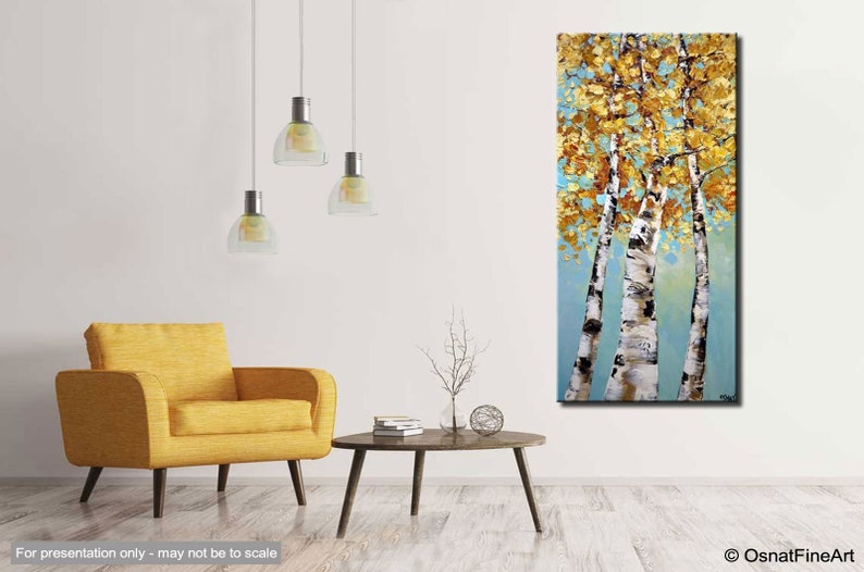 May include: Abstract painting of three birch trees with golden leaves against a blue sky background.