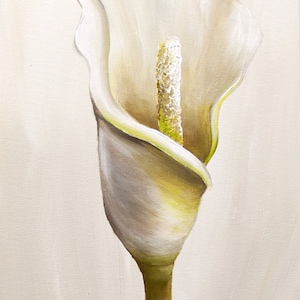 May include: A white calla lily with a yellow center, painted in a realistic style. The flower is depicted against a light beige background.