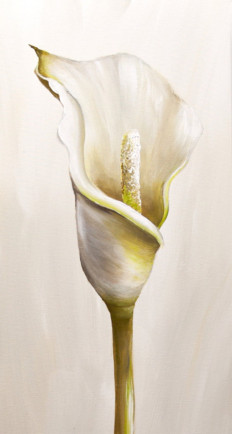 May include: A white calla lily with a yellow center, painted in a realistic style. The flower is depicted against a light beige background.