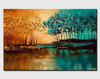 handmade teal landscape print on canvas for your modern home by Osnat