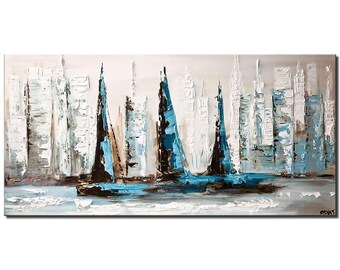 Textured Sailboats Painting: Teal White Abstract Art, Contemporary Home Decor