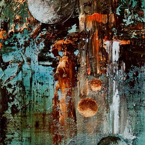 May include: Abstract painting with a textured, layered style. The painting features a blue, green, and brown color scheme with circular shapes and brushstrokes.