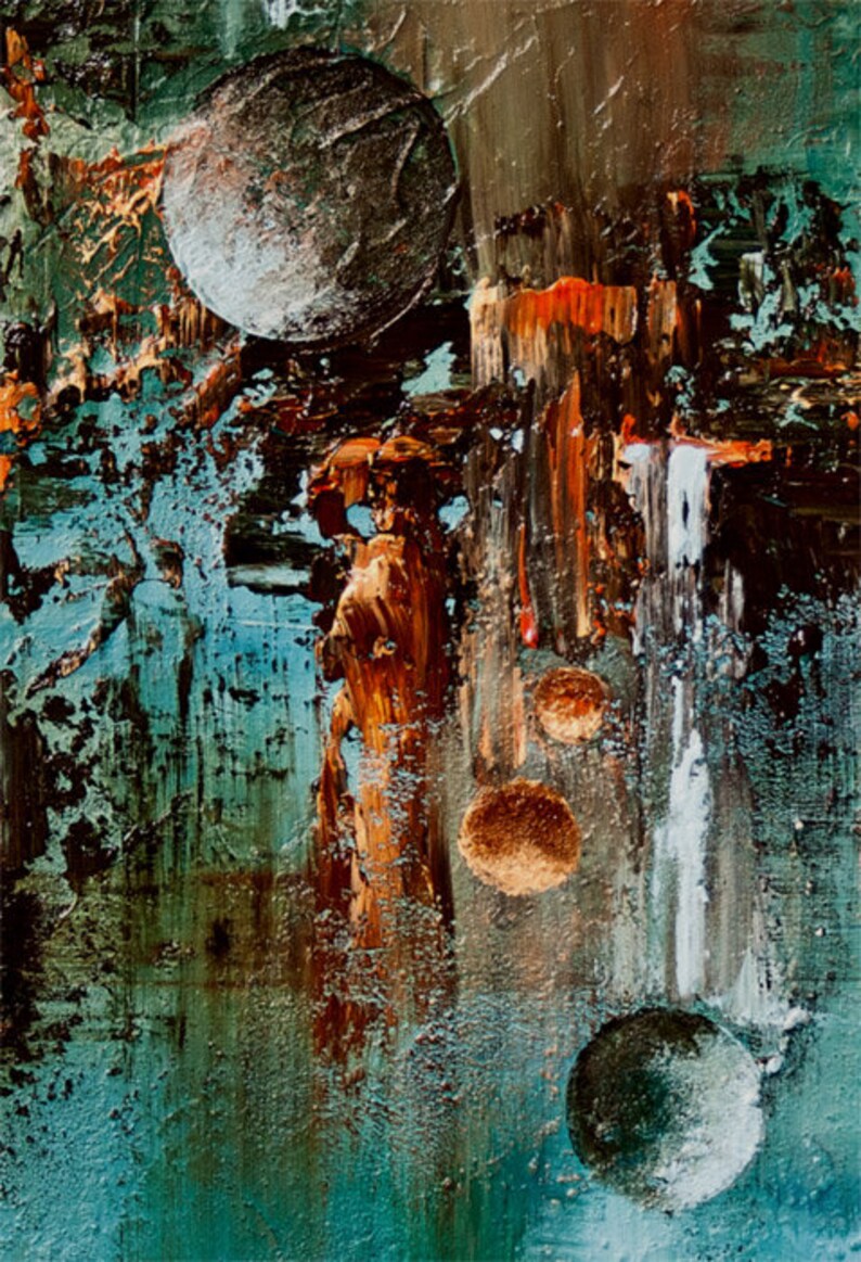 May include: Abstract painting with a textured, layered style. The painting features a blue, green, and brown color scheme with circular shapes and brushstrokes.
