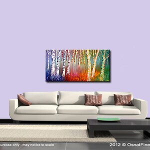 May include: Abstract painting of a forest with colorful birch trees. The trees are painted in shades of blue, green, yellow, orange, and red. The background is a light purple.