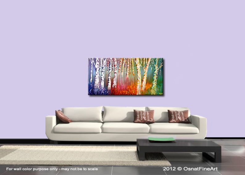 May include: Abstract painting of a forest with colorful birch trees. The trees are painted in shades of blue, green, yellow, orange, and red. The background is a light purple.