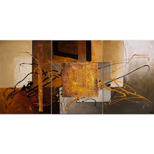 May include: Abstract triptych painting with a gold, brown, and black color scheme. The central panel features a textured gold square with a grid pattern. The other two panels feature abstract shapes and lines.
