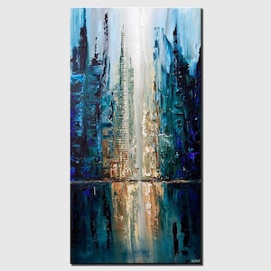 Textured Cityscape Painting: Blue Abstract Art on Canvas