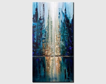 Textured Cityscape Painting: Blue Abstract Art on Canvas
