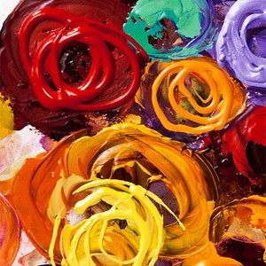 May include: Abstract painting with swirling circles of red, orange, yellow, green, purple, and brown paint.