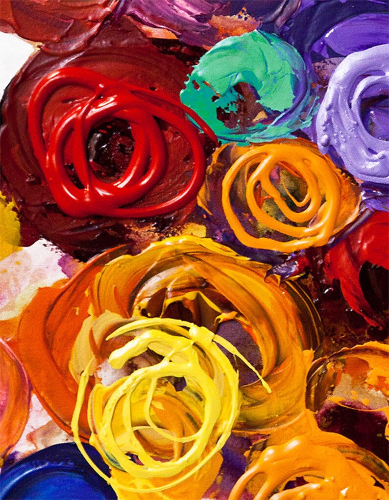 May include: Abstract painting with swirling circles of red, orange, yellow, green, purple, and brown paint.