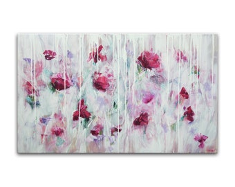 big modern pink white floral painting art on canvas, textured rose flowers original abstract art decor 60"