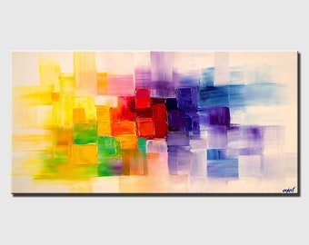 May include: Abstract painting with a colorful geometric design. The painting features a variety of colors, including yellow, green, red, blue, and purple. The colors are arranged in a grid pattern, creating a sense of movement and energy.