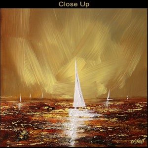 May include: Close-up of an abstract painting depicting sailboats on a sea. The artwork features a warm color palette of gold, brown, and white. The text "Close Up" is at the top.