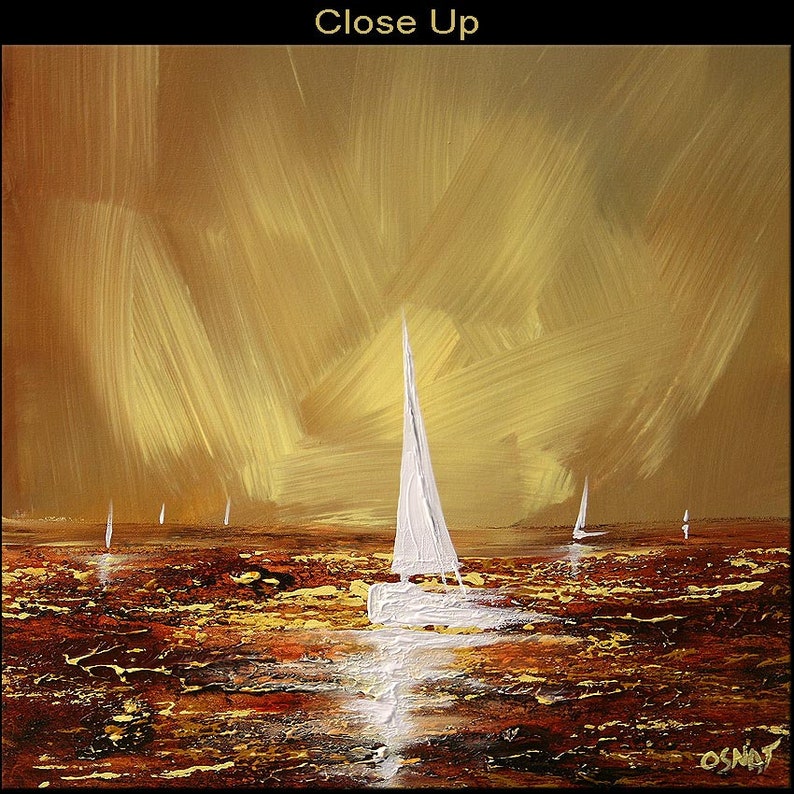 May include: Close-up of an abstract painting depicting sailboats on a sea. The artwork features a warm color palette of gold, brown, and white. The text "Close Up" is at the top.