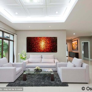 May include: A modern living room with white couches and a coffee table. A large abstract painting with red, orange, and yellow colors hangs on the wall.