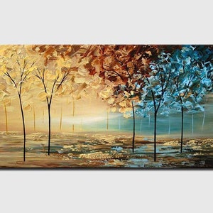 May include: Abstract painting of a forest scene with trees in shades of brown, yellow, and blue. The trees are painted in a stylized way, with thick brushstrokes and a textured surface. The background is a soft, hazy blue.