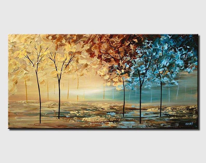 May include: Abstract painting of a forest scene with trees in shades of brown, yellow, and blue. The trees are painted in a stylized way, with thick brushstrokes and a textured surface. The background is a soft, hazy blue.